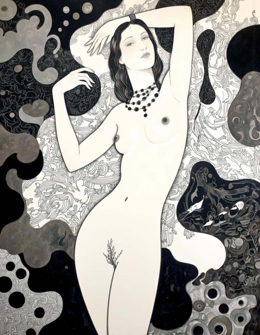 Art by Caroline Smith. A black and white illustration of a nude woman with long,  flowing hair,  standing in a dynamic pos...