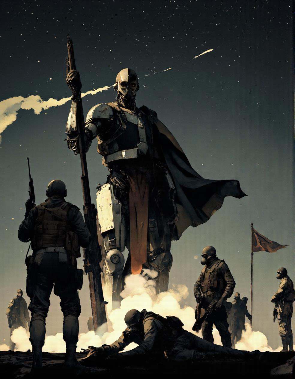 Art by Piotr Jabłoński. A digital illustration shoot from a low-angle perspective about a dramatic scene depicting a group...