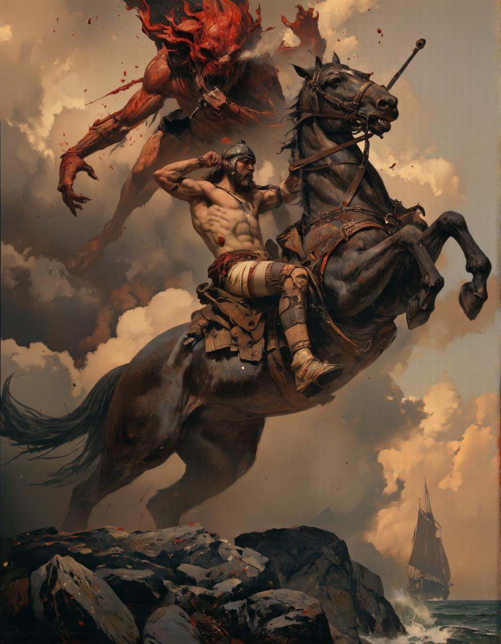 Art by Piotr Jabłoński. A dramatic digital illustration shoot from below about a muscular warrior on horseback,  wielding...