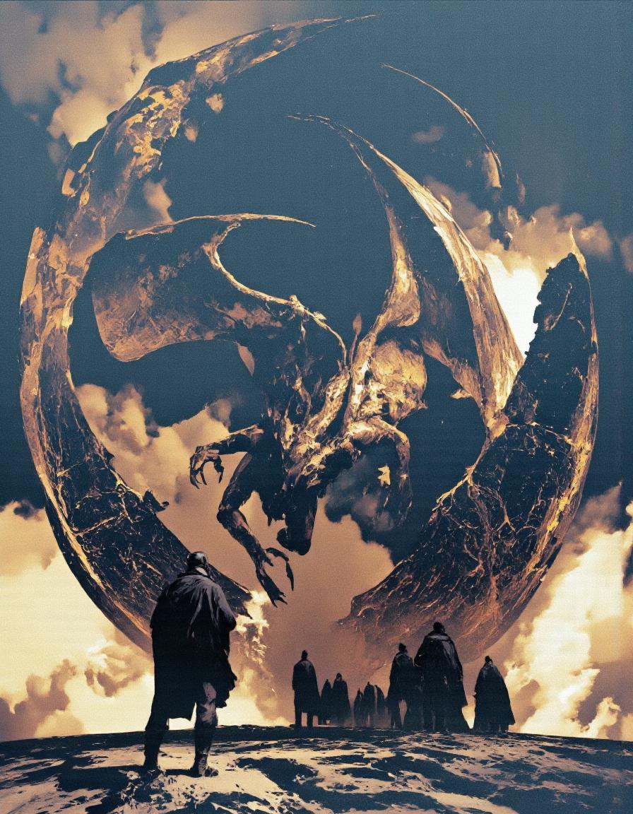 Art by Piotr Jabłoński. A dramatic digital illustration shoot from below about a large,  imposing dragon soaring through a...