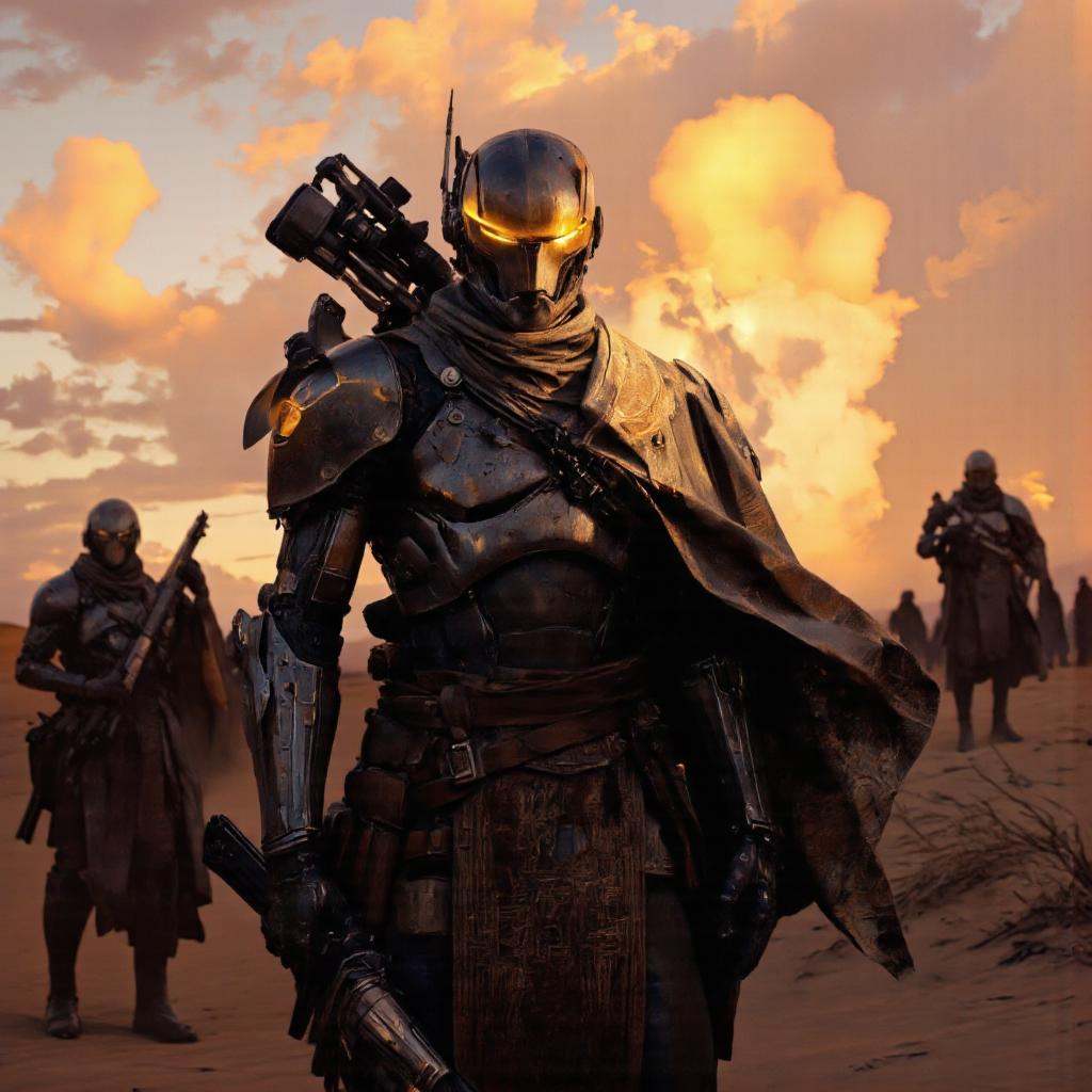 Art by Piotr Jabłoński. A digital illustration shoot from a frontal camera angle about a futuristic,  armored humanoid rob...