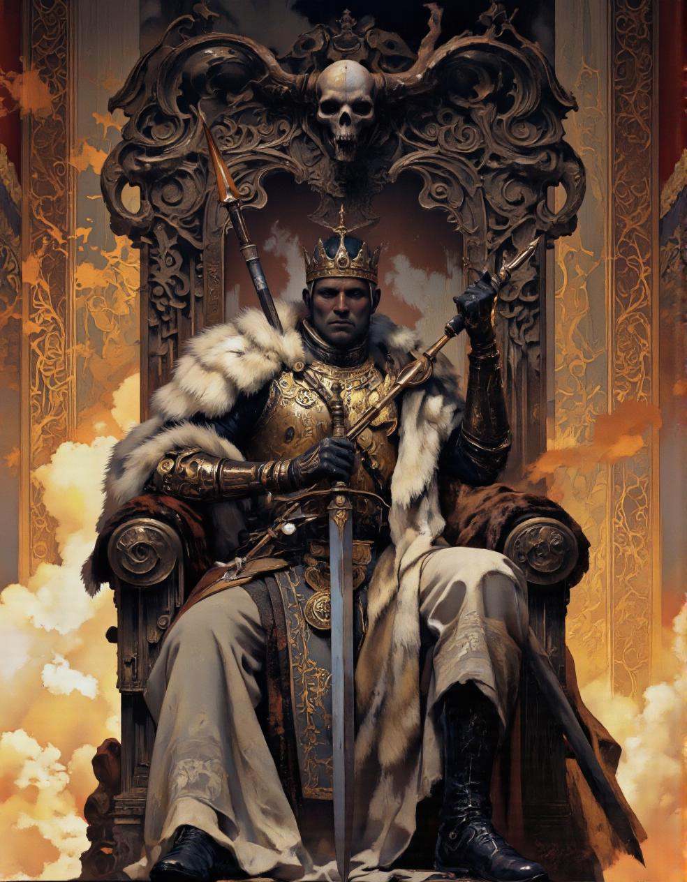 Art by Piotr Jabłoński. A digital illustration shoot from the front about a regal figure seated on a throne adorned with f...