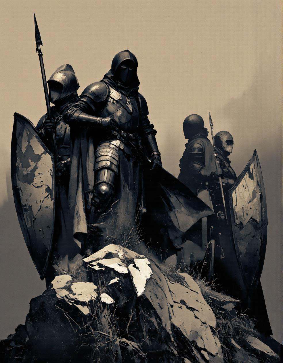 Art by Piotr Jabłoński. A black and white digital illustration shoot from a front camera angle about a dramatic silhouette...