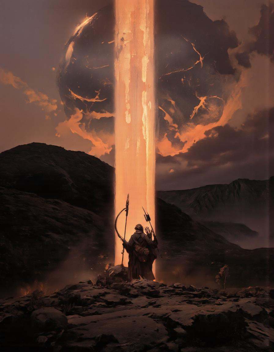 Art by Piotr Jabłoński. A digital illustration shoot from a low angle about a lone figure stands in a desolate landscape d...