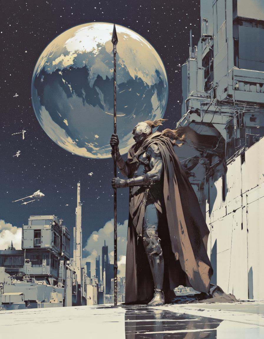 Art by Piotr Jabłoński. A dramatic digital illustration shoot from a low-angle perspective about a humanoid figure standin...