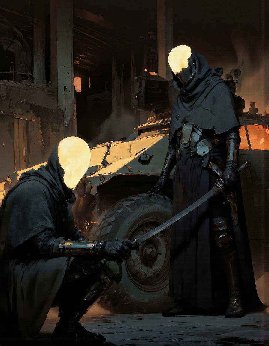 Art by Piotr Jabłoński. A digital illustration shoot from the side about a futuristic scene featuring two silhouetted figu...
