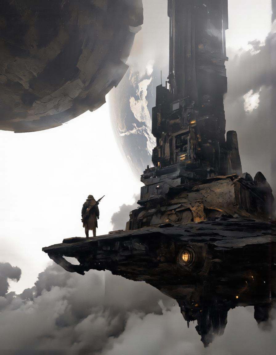 Art by Piotr Jabłoński. A digital illustration shoot from a low-angle perspective about a stylized,  sci-fi scene featurin...