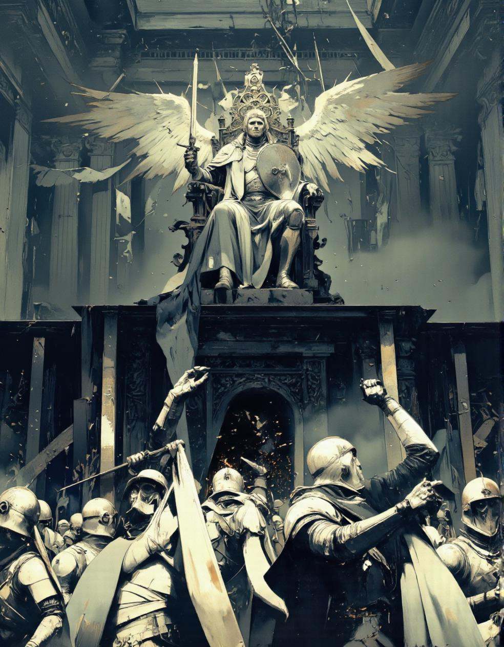 Art by Piotr Jabłoński. A digital illustration shoot from below about a dark,  ominous scene featuring a large,  imposing...