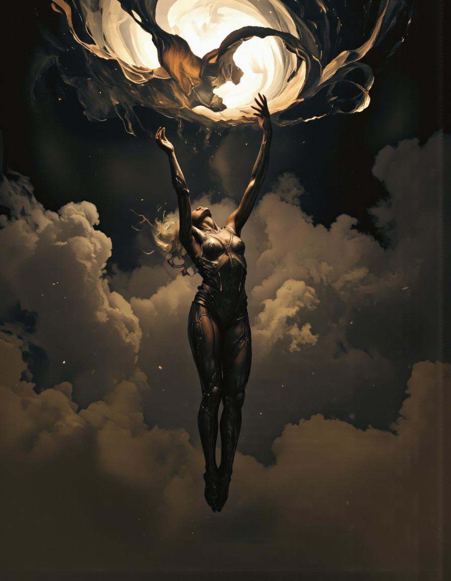 Art by Piotr Jabłoński. A digital illustration shoot from a low angle about a humanoid figure suspended in mid-air,  holdi...