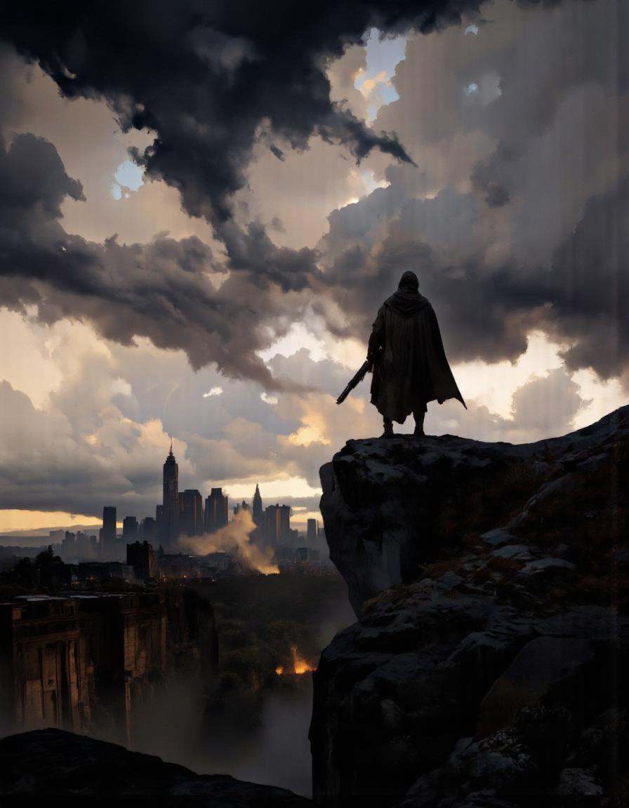 Art by Piotr Jabłoński. A dramatic digital illustration shoot from the side about a lone figure in a hooded cloak stands o...