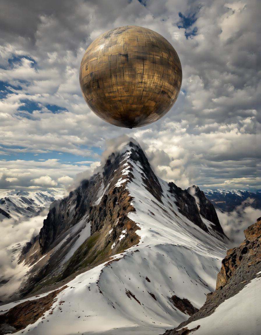 Art by Piotr Jabłoński. A surreal digital illustration shoot from below about a large,  beige sphere floating above a snow...