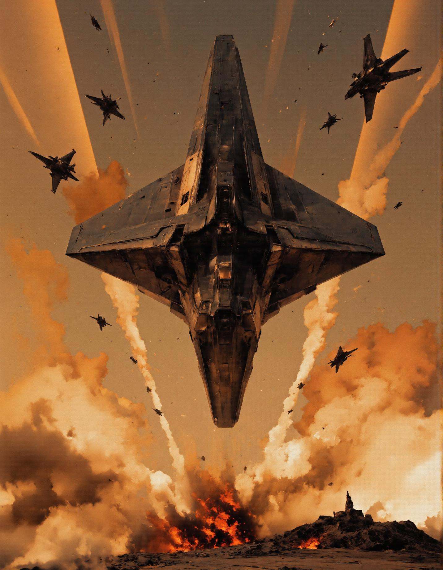 Art by Piotr Jabłoński. A digital illustration shoot from below about a futuristic battle scene featuring a large spaceshi...