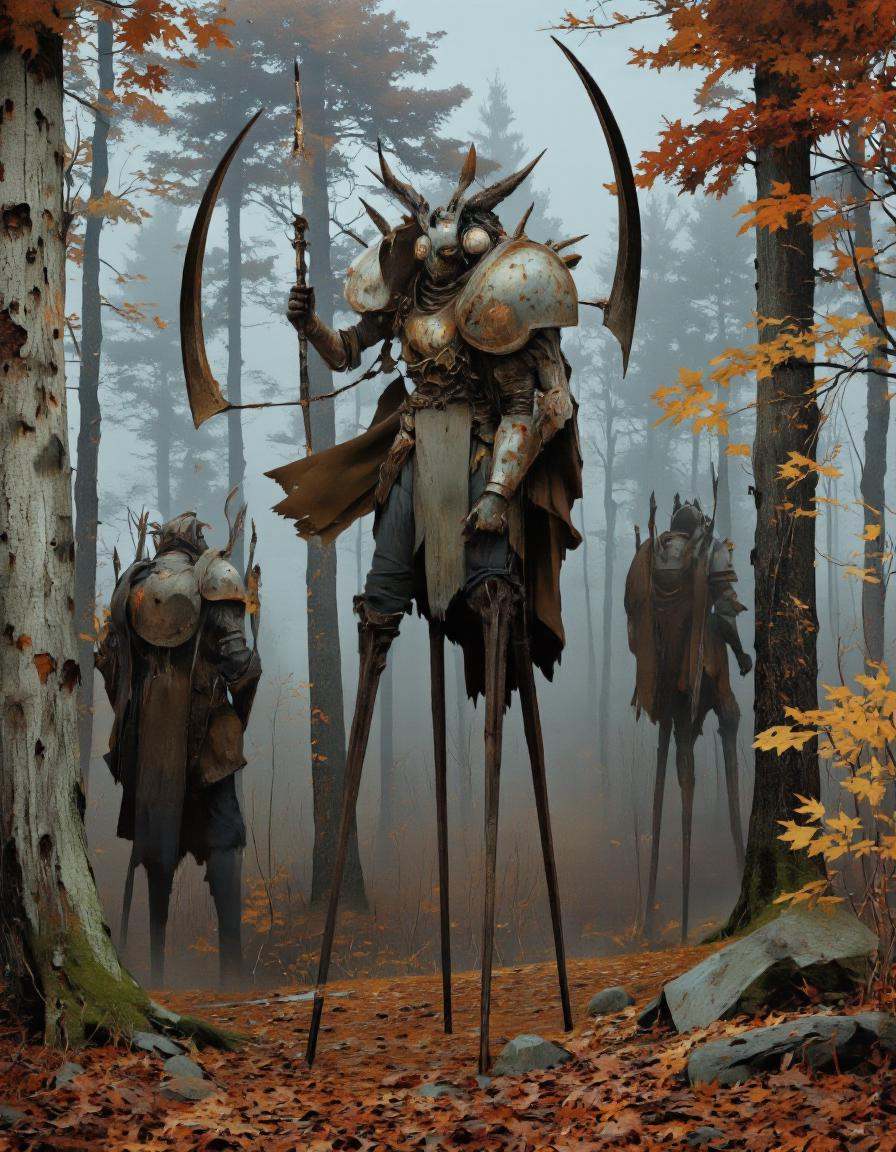 Art by Piotr Jabłoński. A digital illustration shoot from below about a stylized humanoid figure standing on stilts amidst...