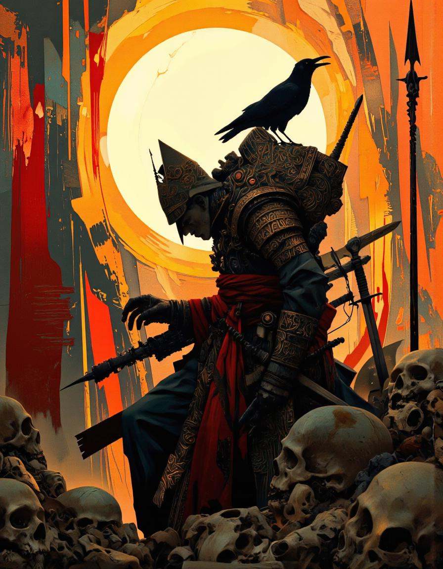 Art by Alexey Egorov. A digital illustration shoot from the side about a silhouette of a warrior with intricate armor and...