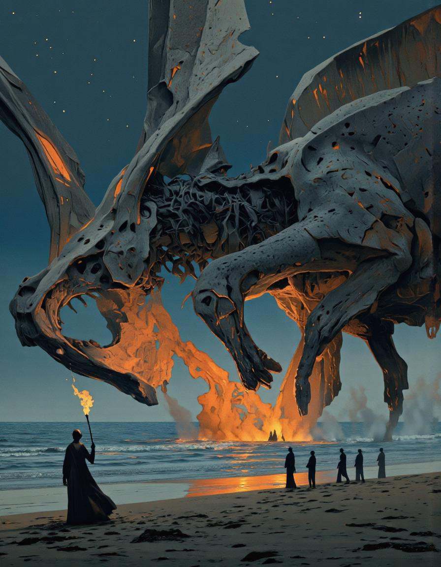 Art par Alexey Egorov. Une illustration numérique dramatique tire d'un angle de caméra loin autour d'un grand squelette de...