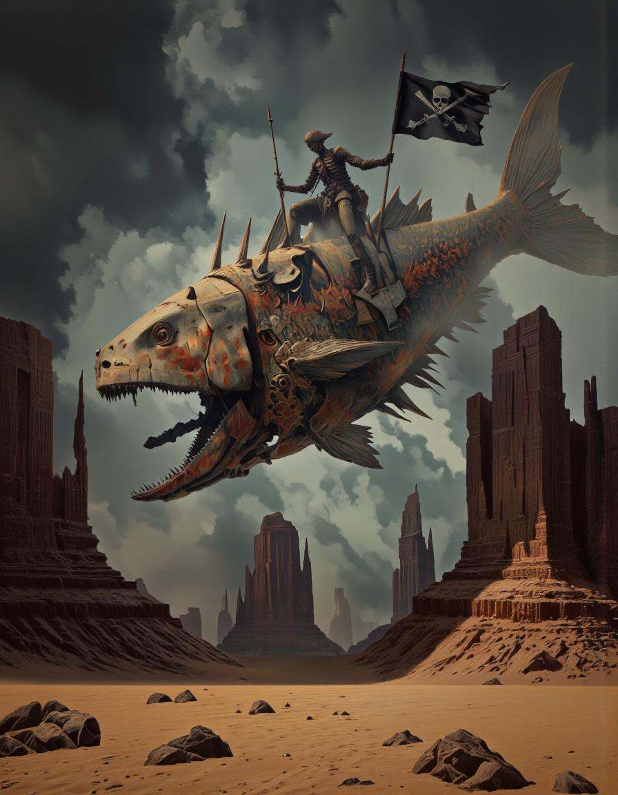Art by Alexey Egorov. A digital illustration shoot from below about a stylized pirate ship with a skeletal figure riding o...