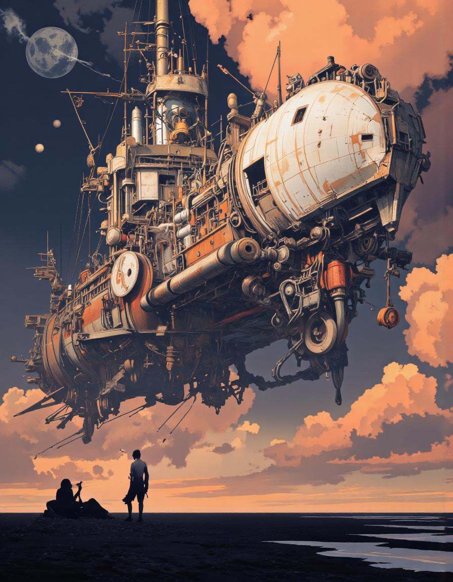 Art par Alexey Egorov. Une illustration numérique surréaliste tire d'en bas à propos d'un grand vaisseau spatial mécanique...