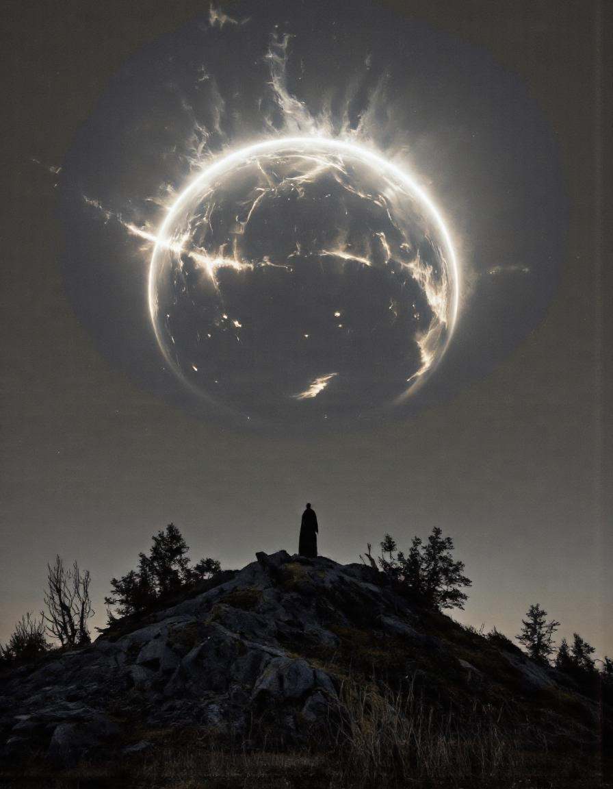 Art par Alexey Egorov. Une scène monochrome avec une figure solitaire debout au milieu d'un paysage désolé,  avec une gran...