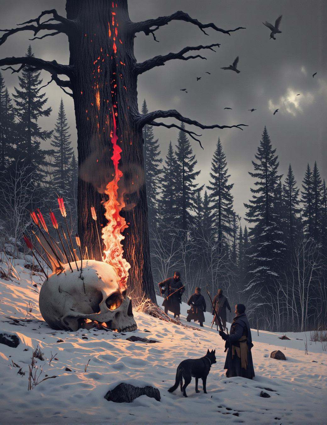 Art by Alexey Egorov. A dramatic digital illustration draws from a camera angle far from a mystical scene with a large sku...