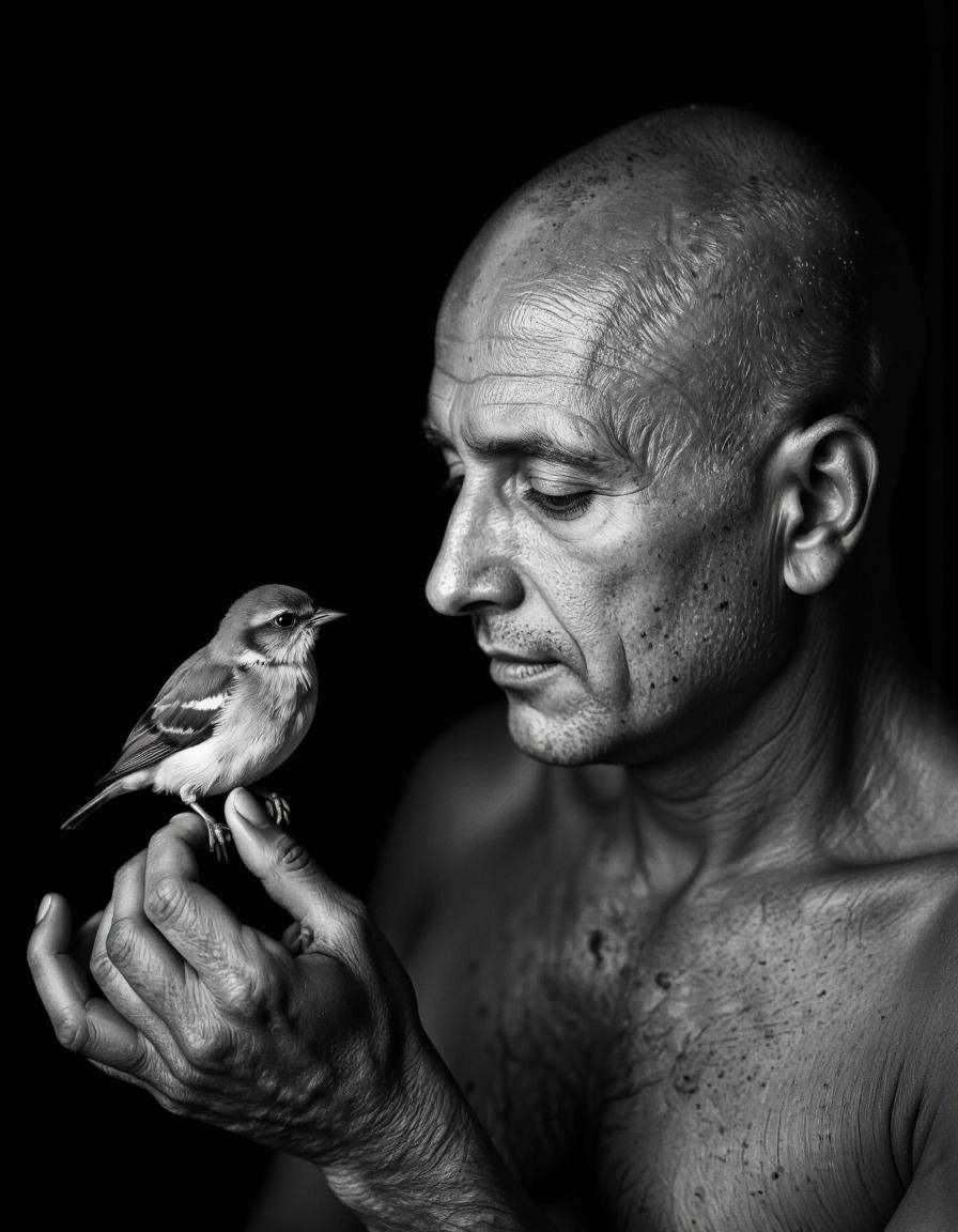 This black-and-white photograph captures a poignant moment of intimacy and connection. The image features a bald man with...