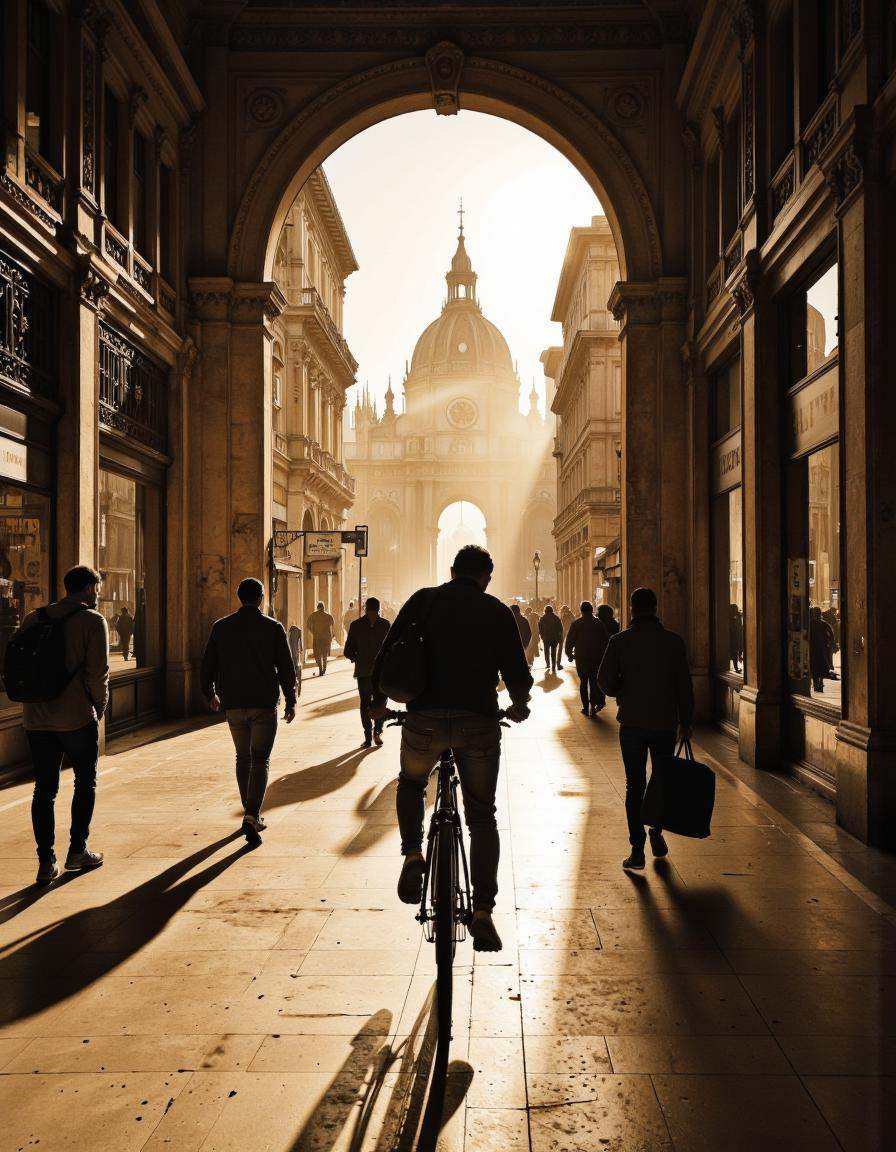 This is a sepia-toned photograph capturing a bustling urban scene in an historic city,  likely during the golden hour,  as...