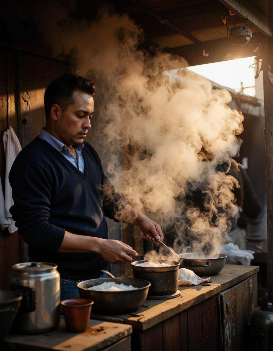 This photograph captures a rustic,  atmospheric scene of a person,  likely a vendor on Tensor.Art