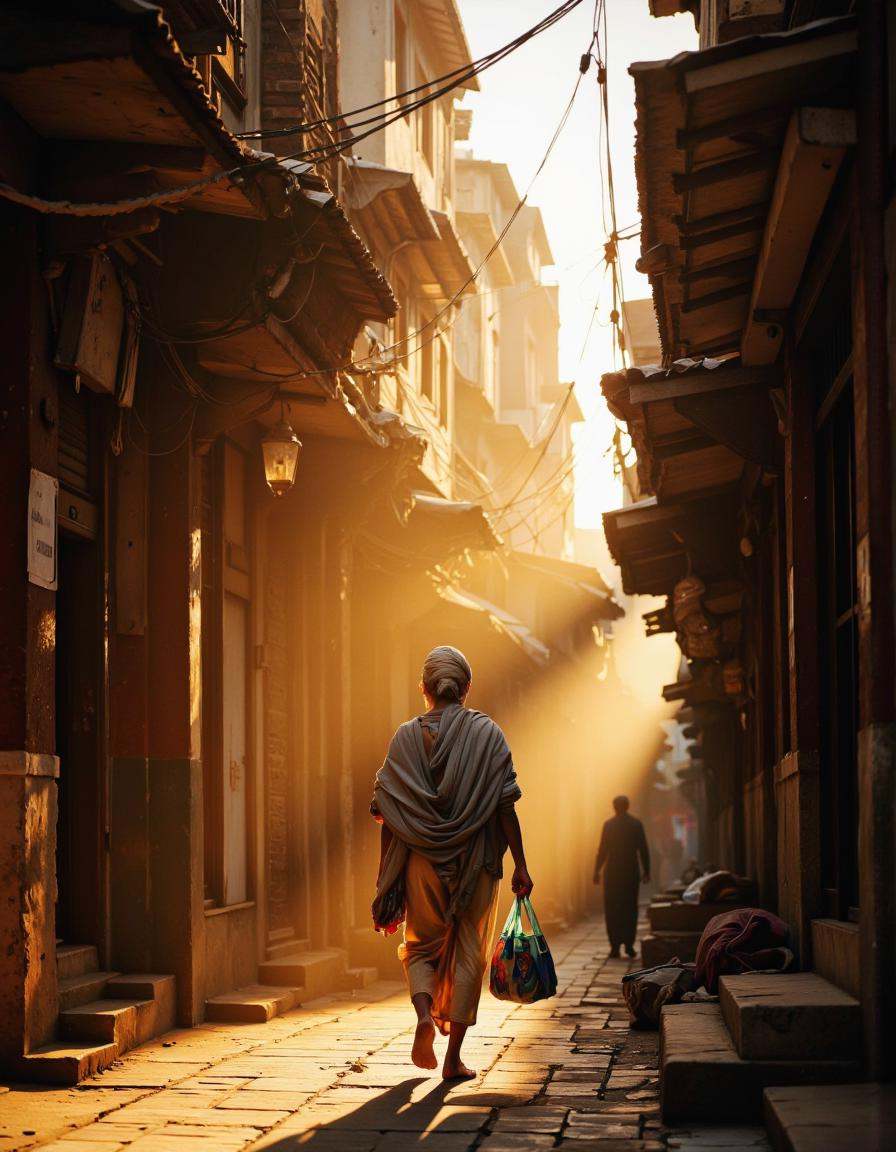 The photograph captures a serene,  golden hour scene in a narrow,  bustling urban alleyway. The setting sun casts a warm o...