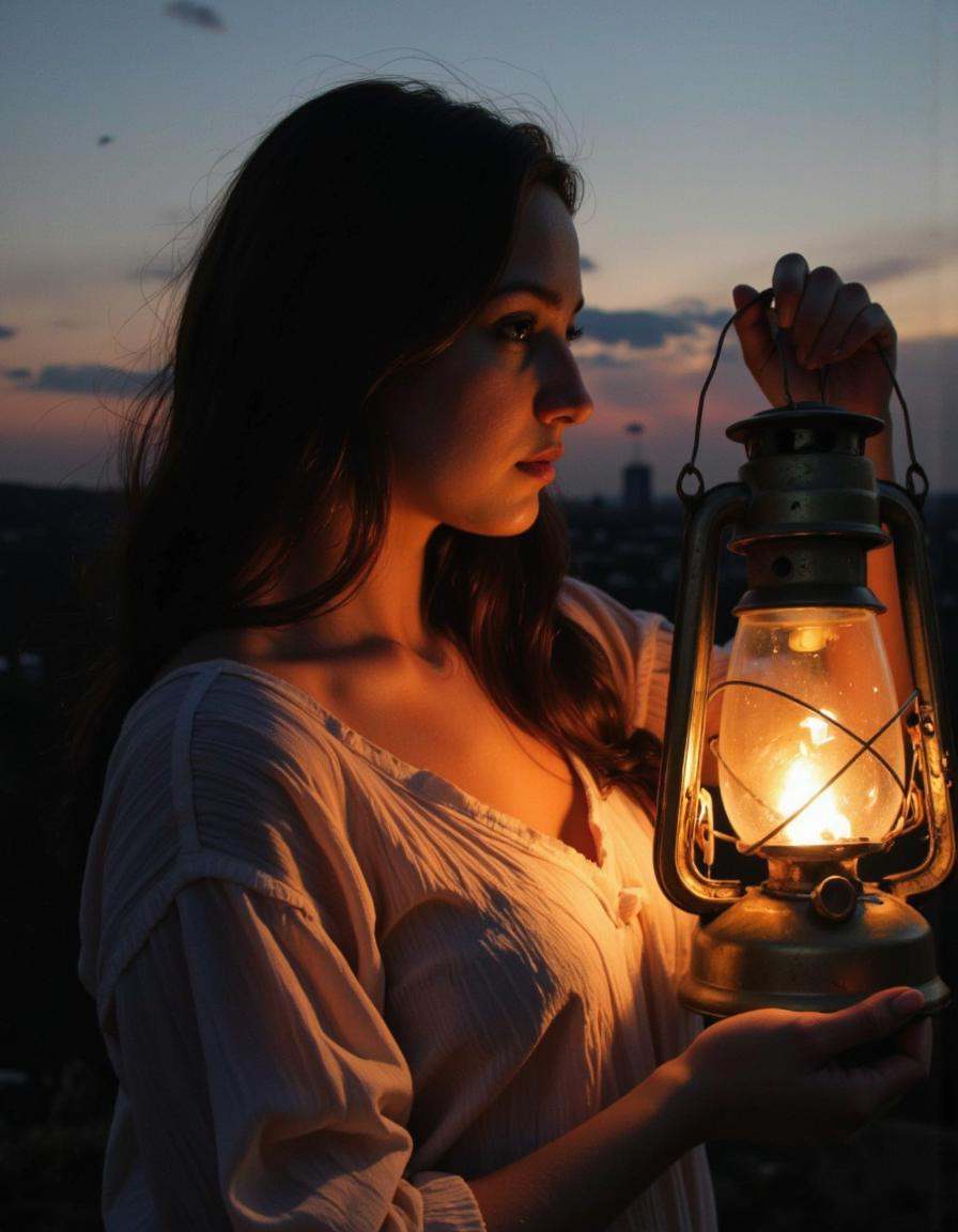 This is a photograph taken during twilight,  capturing a serene,  mystical moment. The scene features a young woman with a...