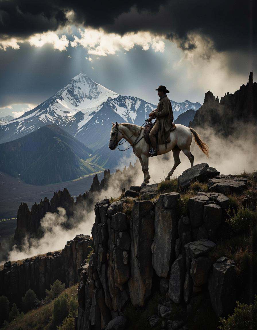 Epic shot of San Martin on his horse crossing the Andes mountain range,  epic extreme long shot,  dark mood and strong bac...