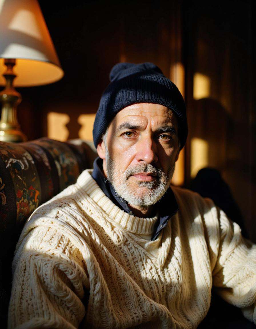 The image is a photograph of an elderly man sitting in a cozy,  dimly lit room. The man,  with a rugged on Tensor.Art