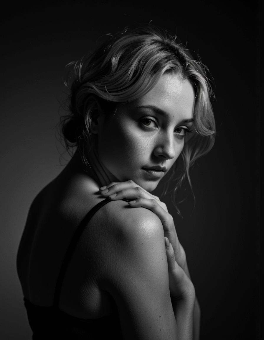 This is a high-resolution,  high-contrast photograph of a young woman with a delicate,  melancholic expression. She is pos...