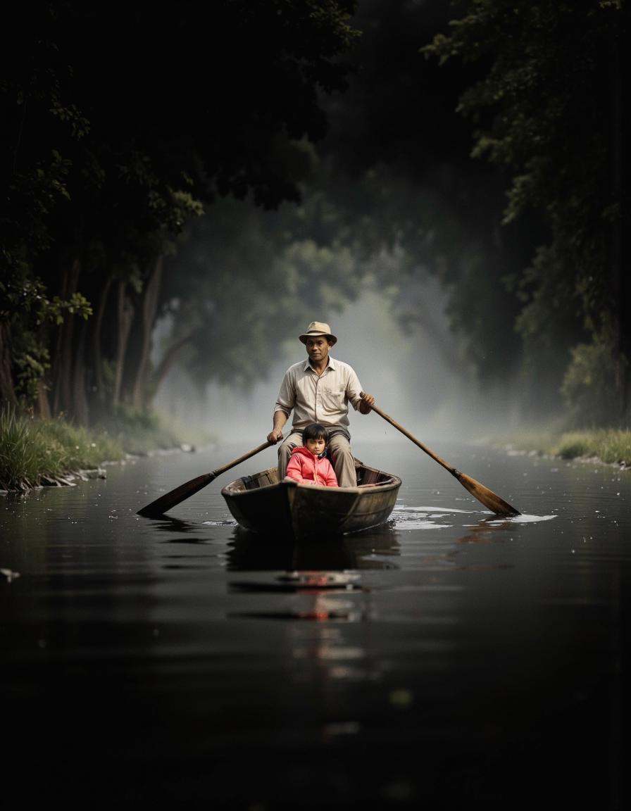 A cinematic photograph capturing a serene,  misty scene of a man rowing a small wooden boat on a vast,  dark waterway. The...