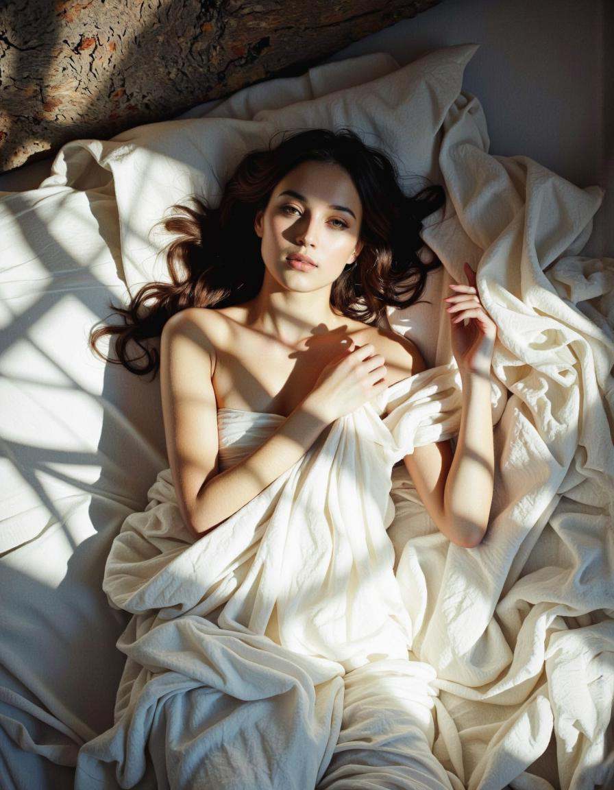 A top down artistic photograph of a woman laying in soft white blankets. the shadow of a treebranch stretches across the b...