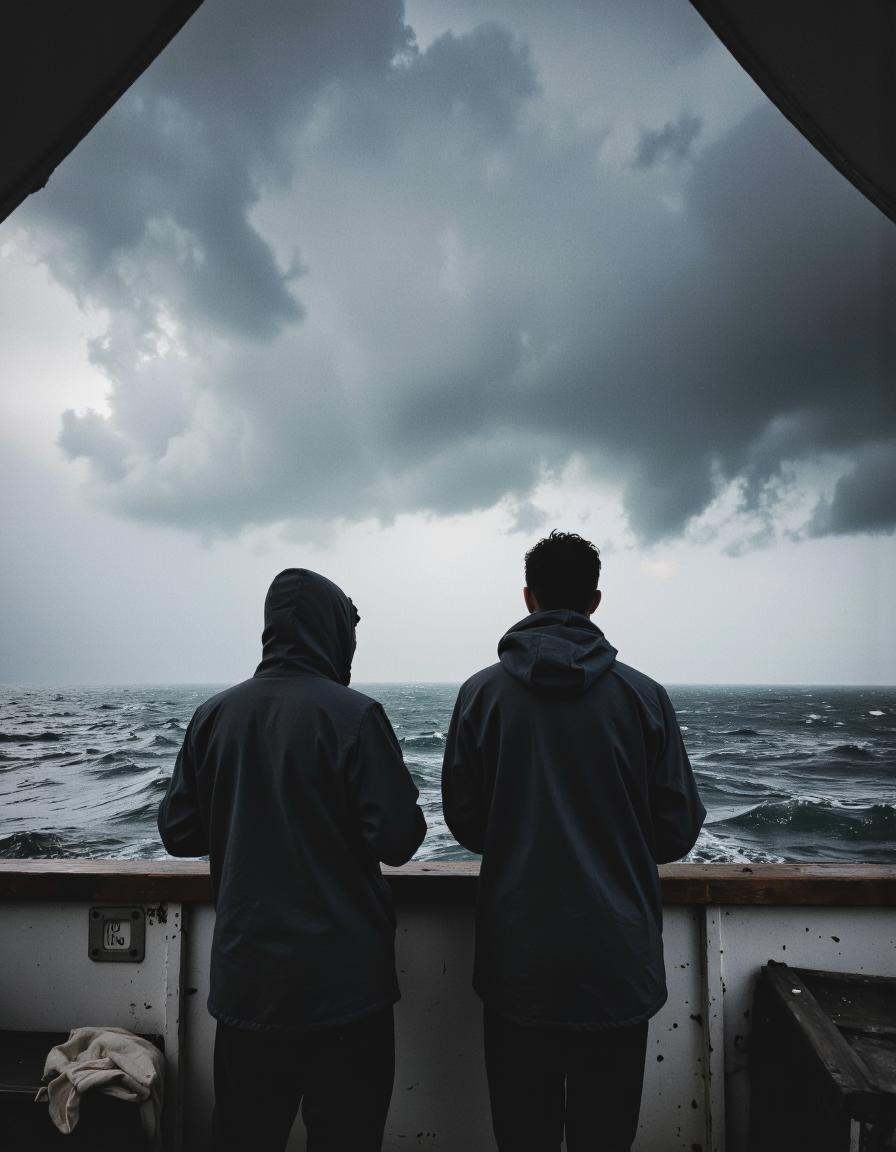 This photograph captures a dramatic,  moody scene on a fishing boat at sea under a cloudy,  overcast sky. The image featur...