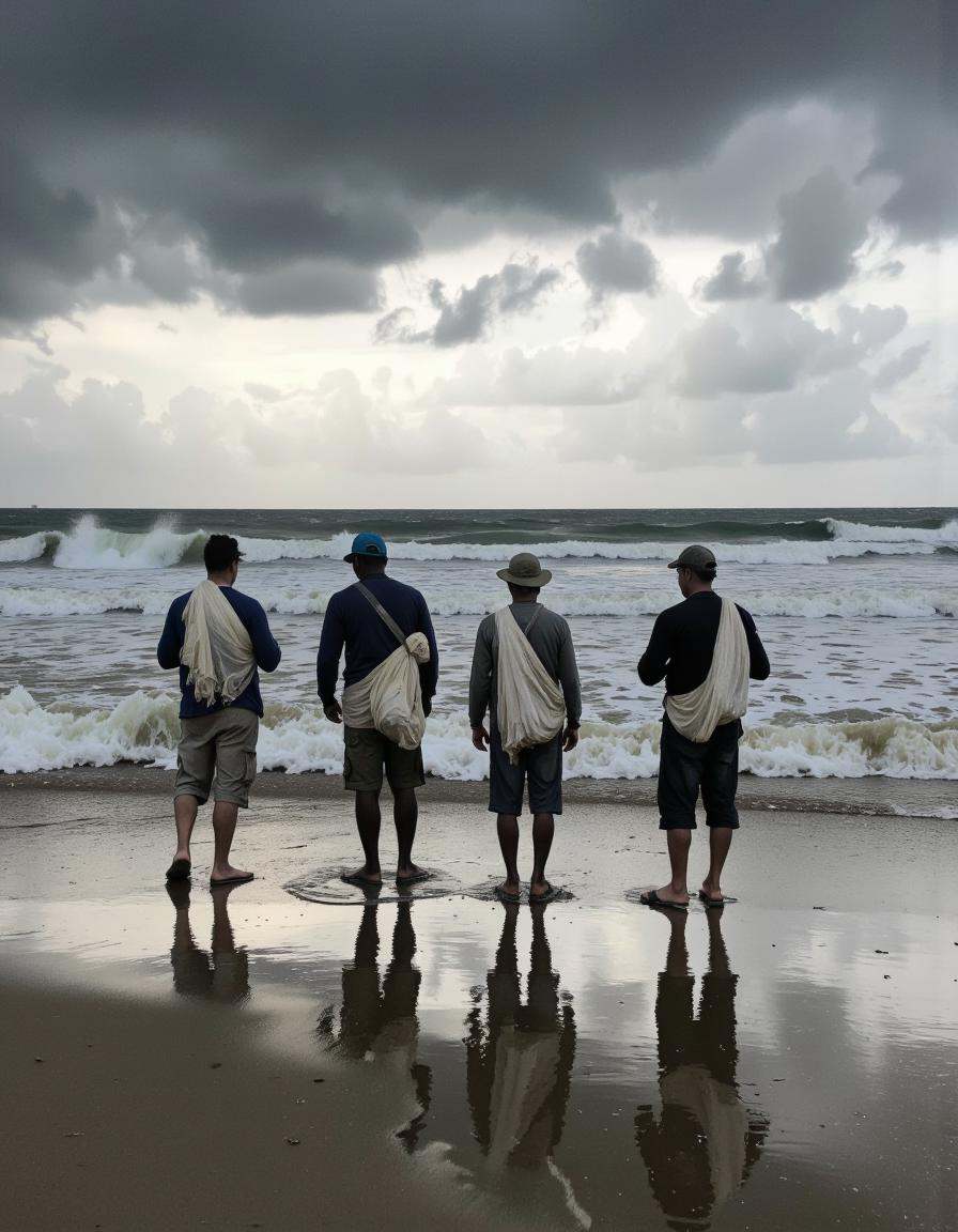 This photograph captures a serene,  moody beach scene under an overcast sky with dark,  ominous clouds. Four men on Tensor...