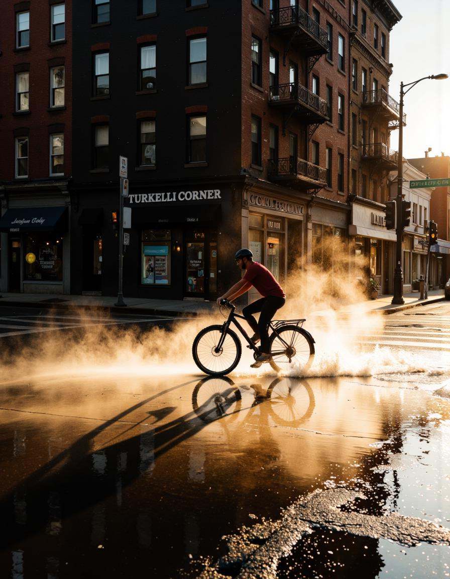 This is a photograph capturing a solitary cyclist riding a bicycle through a wet urban street. The cyclist,  a person of a...