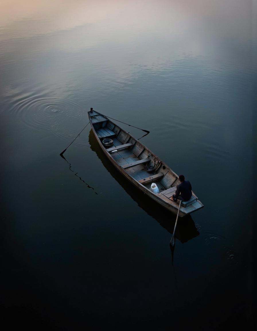 The image is a photograph with a moody,  atmospheric style,  likely taken at dawn or dusk. The scene features a lone perso...