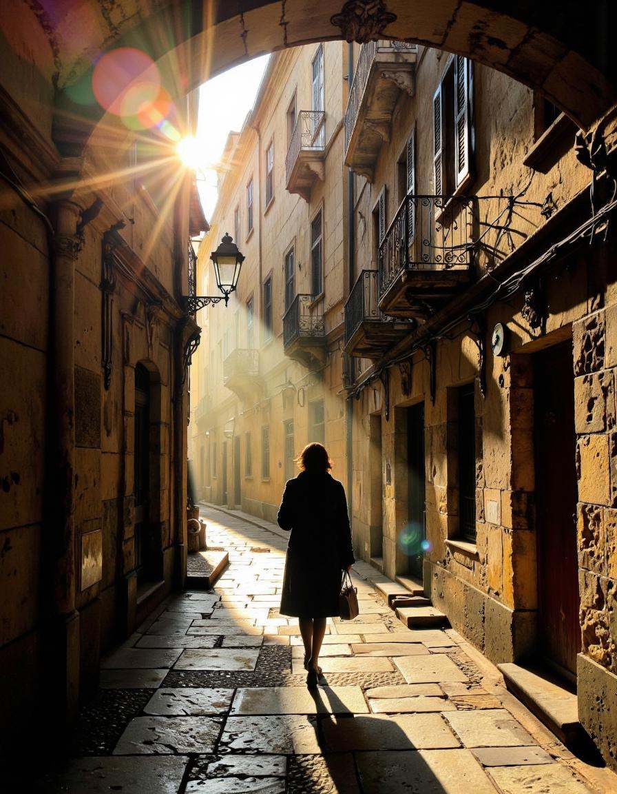This photograph captures a serene,  sunlit alleyway in an old city,  given the architectural style. Asymmetrical compositi...