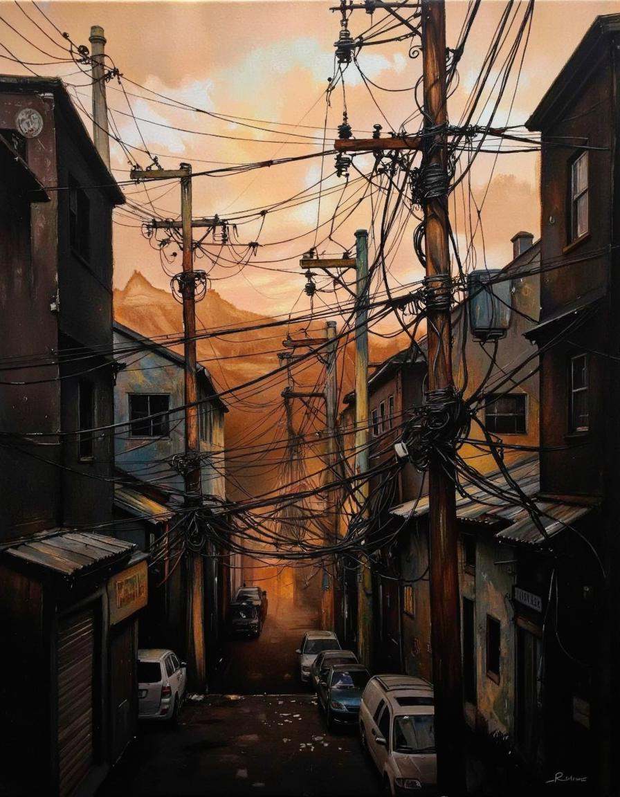 A photograph depicting an urban landscape at dusk. The artwork is characterized by a moody,  industrial atmosphere,  with...