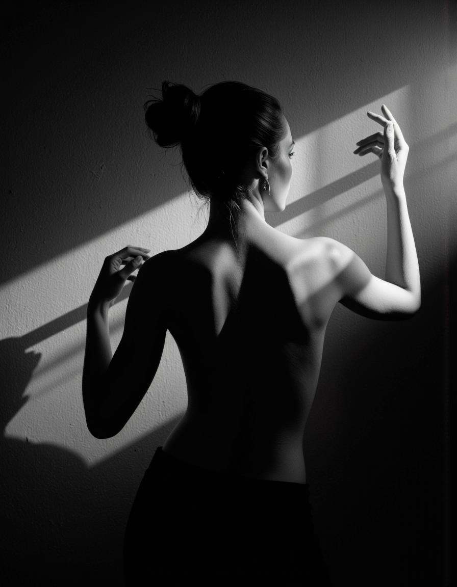 This is a photograph of a woman captured in a dramatic,  high-contrast lighting setup. The image is monochromatic,  with a...