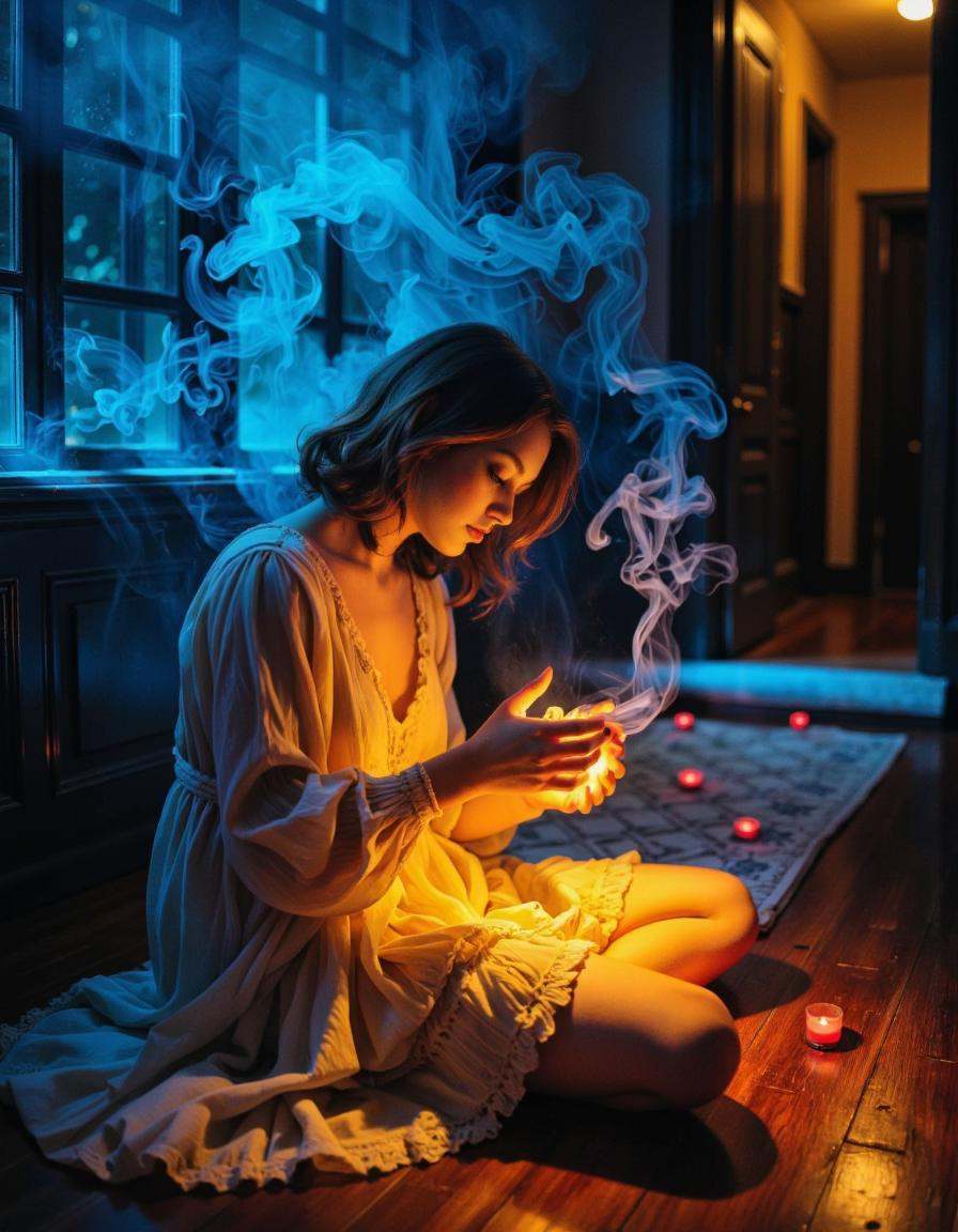 This is a highly stylized and dramatic photograph of a young woman in a dimly lit room,  likely Gothic or Victorian in sty...