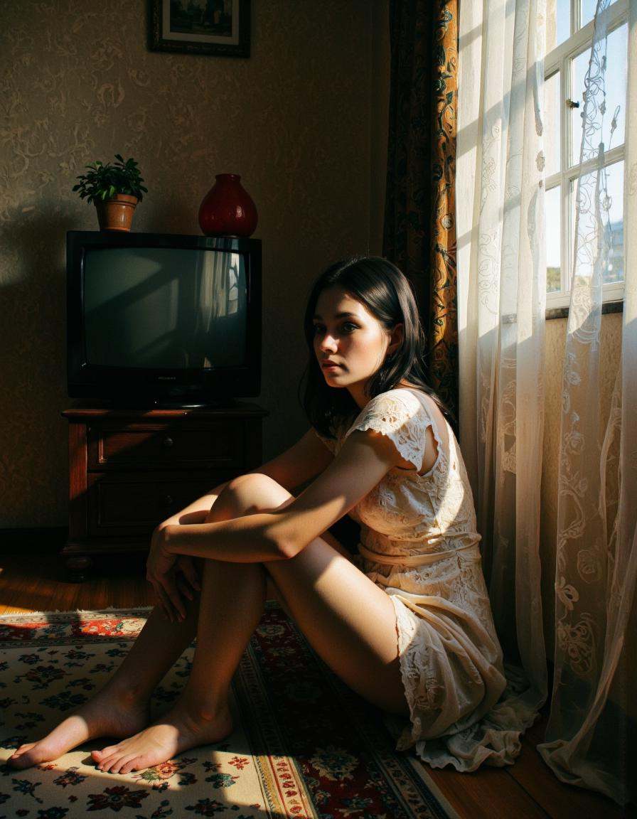 This photograph depicts a young woman sitting on a patterned rug in a dimly lit,  intimate room. The woman,  with long bla...