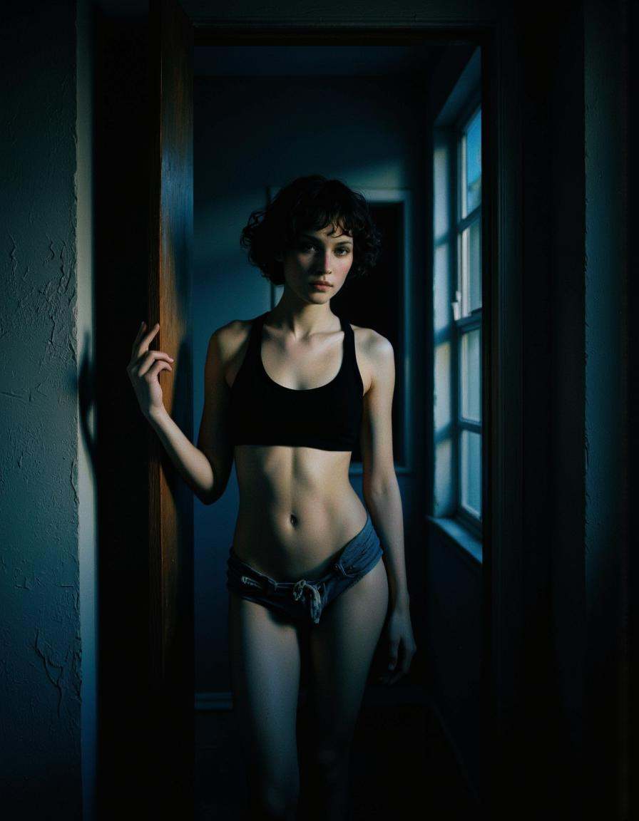 The image is a photograph capturing a dramatic,  moody scene in a dimly lit room. The central figure is a woman with a sle...