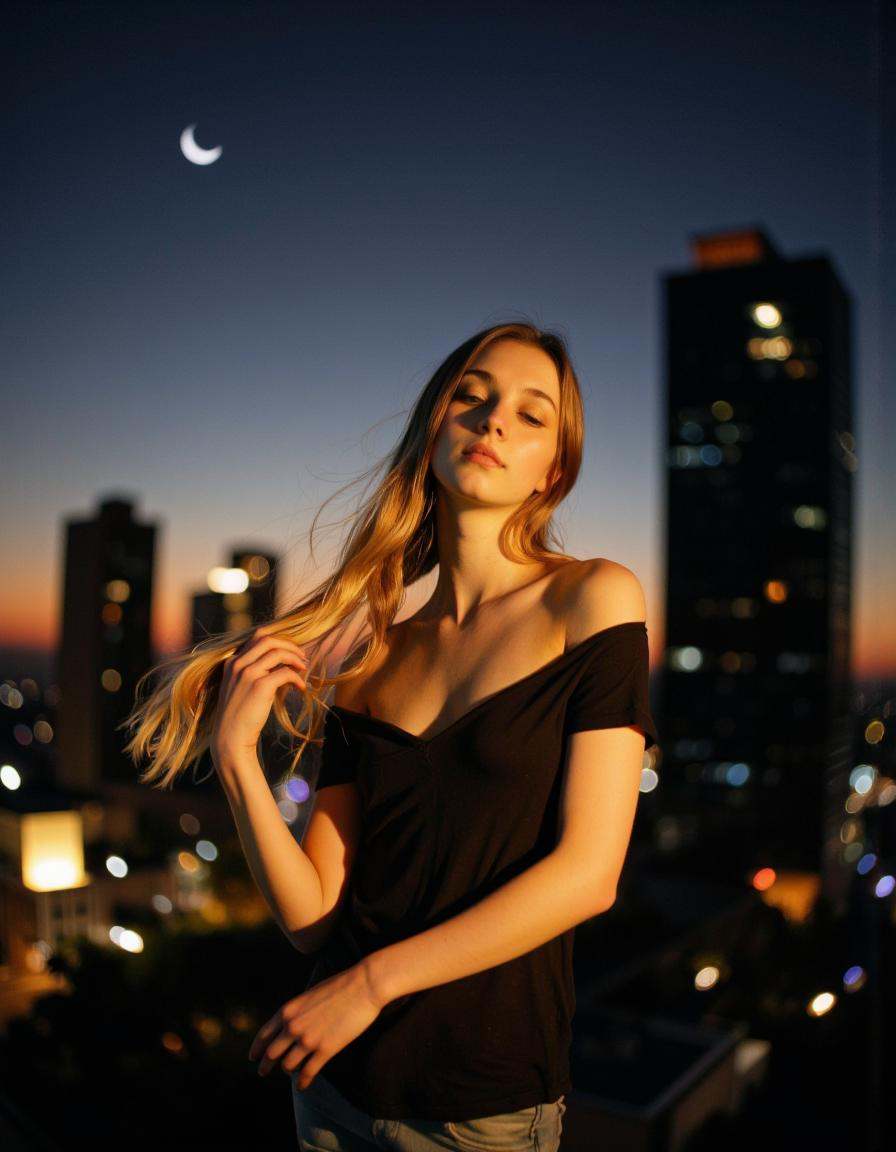 This is a photograph taken at dusk,  capturing a young woman with long,  flowing hair in a serene on Tensor.Art