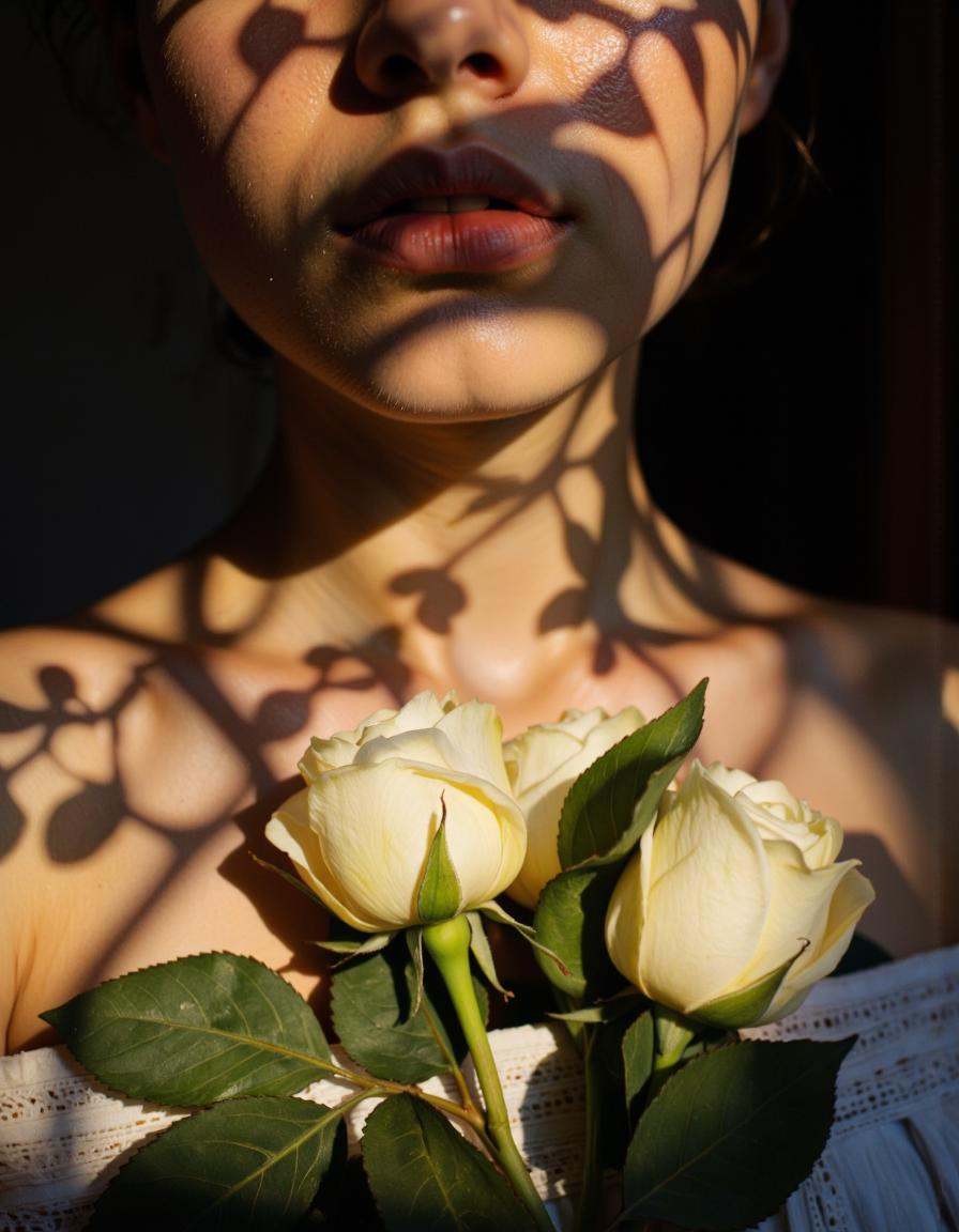 This is a highly detailed,  intimate photograph of a close-up of a person's face and neck,  focusing on the area from the...