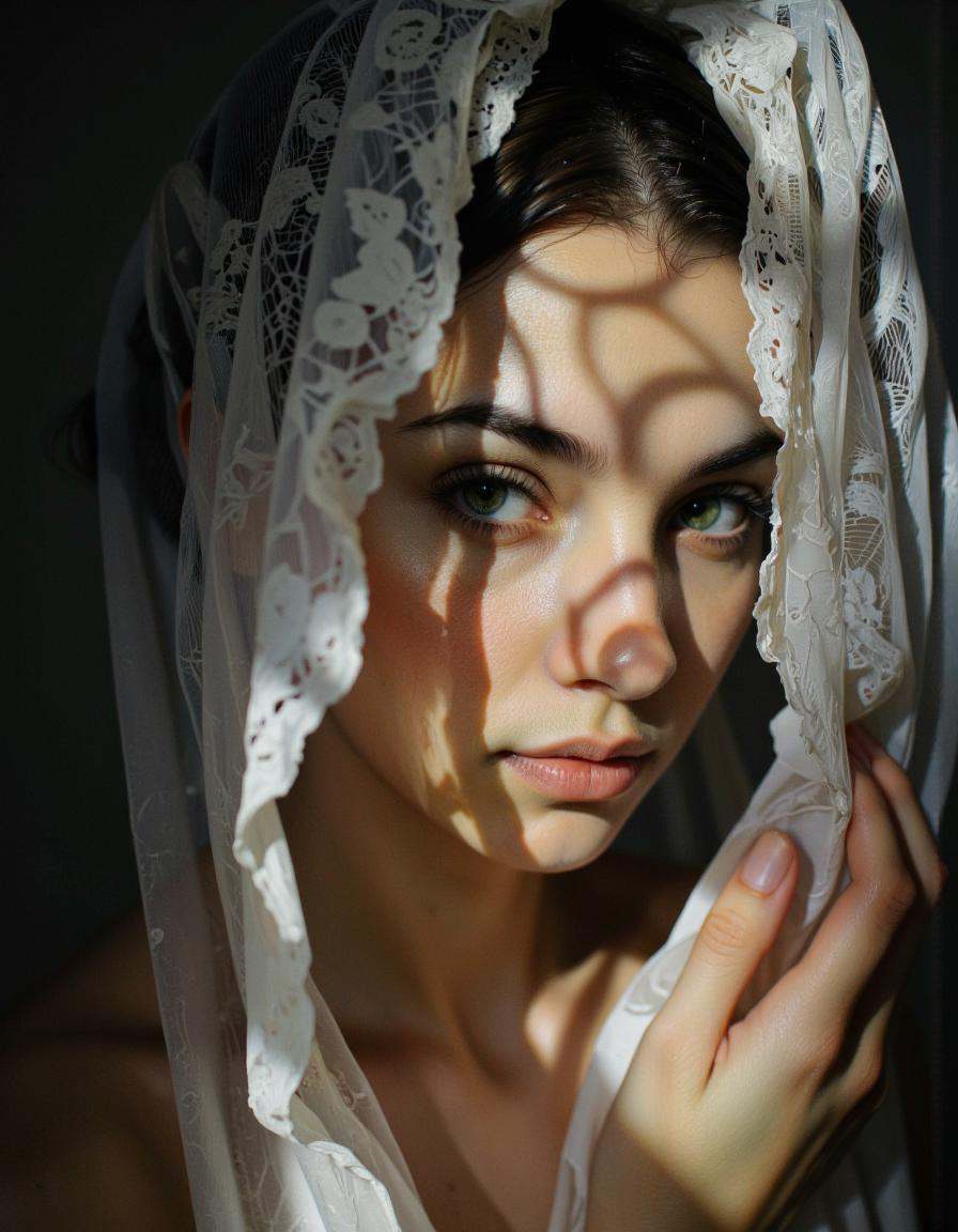 The image is a photograph of a young woman with striking features,  captured in a moody,  intimate setting. The photograph...