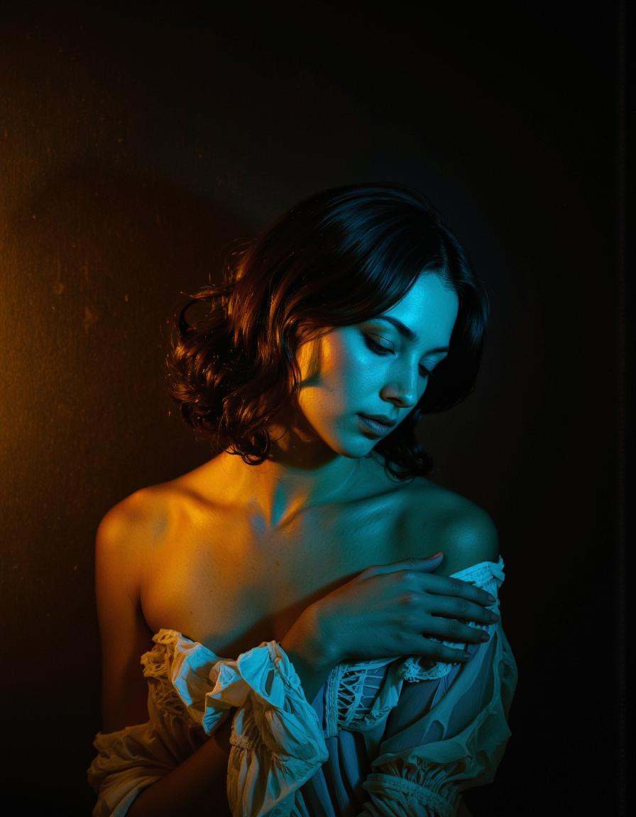 The image is a photograph featuring a young woman with a serene,  ethereal quality. She is depicted in a dramatic,  low-ke...