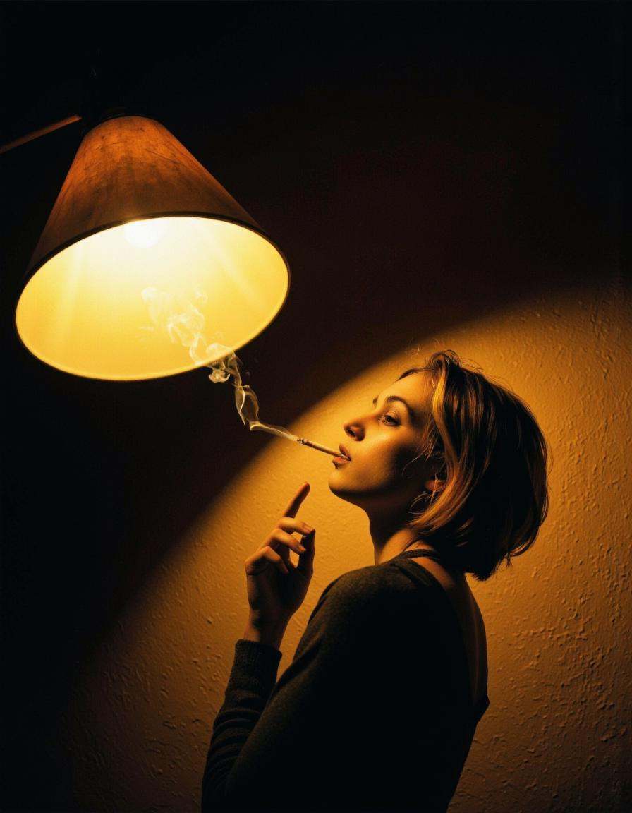 This photograph depicts a young woman in an intimate,  dimly lit setting. The image captures her profile from the shoulder...