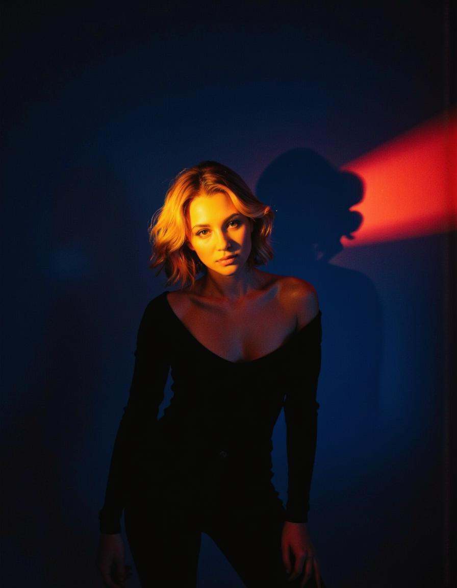 The image is a photograph of a woman standing against a dark,  deep blue background. The lighting creates a dramatic,  moo...