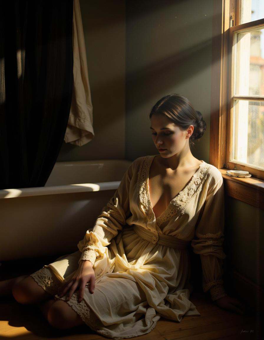 The image is a photograph capturing a serene and intimate moment. It features a young woman with fair skin and dark hair p...